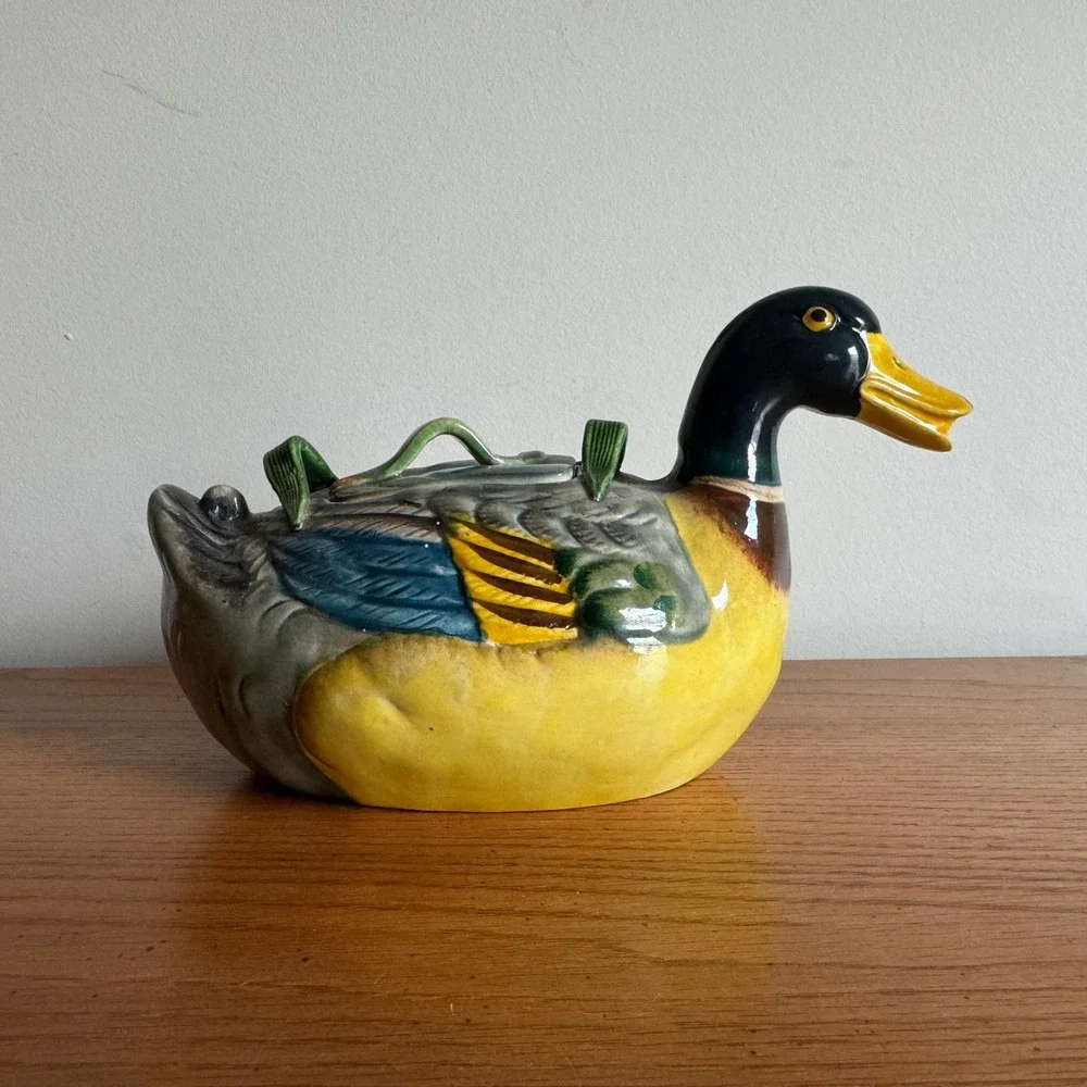 Maruhon Ware Vintage Mallard Duck‎ Majolica Style Teapot Hand Painted Japan
